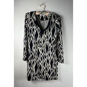 Diane Von Furstenberg Womens Geo Print Tunic Dress Long Sleeve Size 4 Black Silk